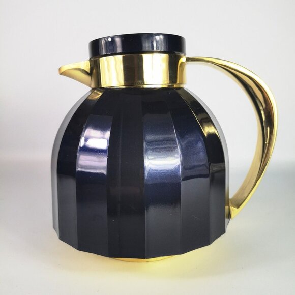 Vintage Insulated Coffee  Carafe Thermal Glass Flask Metallic Blue & Gold Retro - Picture 1 of 16